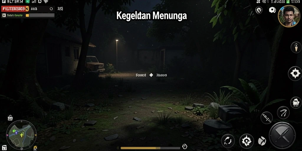 Screenshot gameplay FILTER303 menampilkan suasana menegangkan dalam kegelapan.