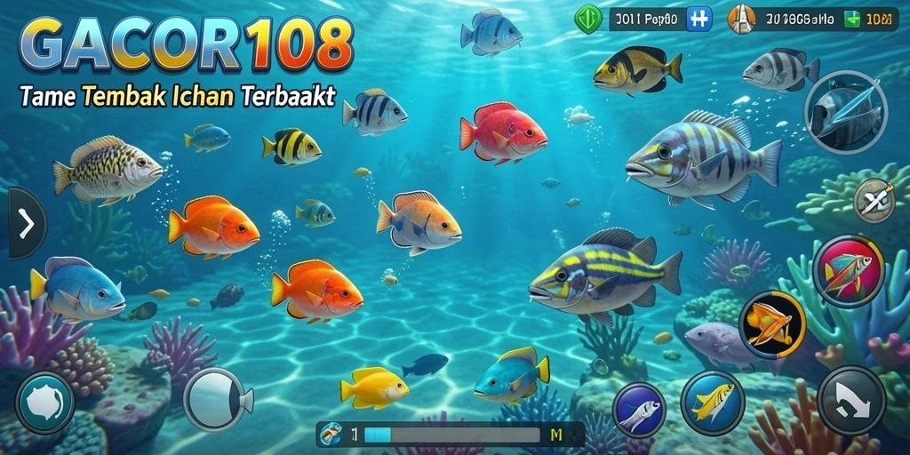 Screenshot utama GACOR108 menampilkan gameplay seru saat menembak ikan.