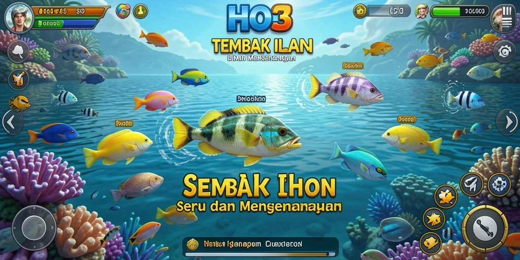 Screenshot dari gameplay seru HO3 yang menampilkan aksi menembak ikan.