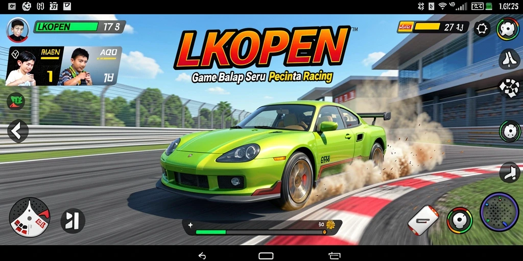 Screenshot LKOPEN menampilkan aksi balapan yang mendebarkan.