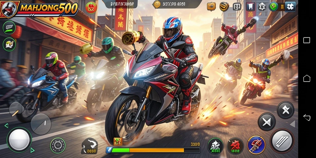 Tampilan gameplay seru dalam MAHJONG500 dengan balapan motor cepat.