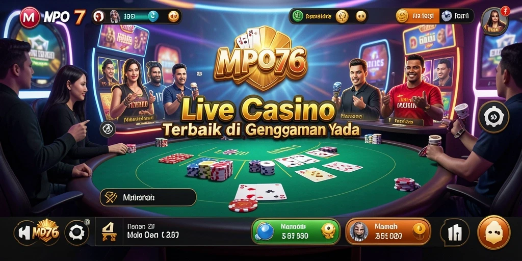 Screenshot gameplay MPO76 menampilkan dealer profesional dan suasana kasino yang nyata.