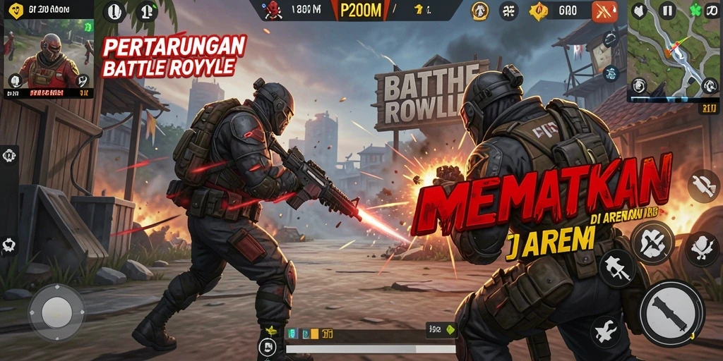 Tampilan gameplay P200M dengan pertempuran Battle Royale yang seru.