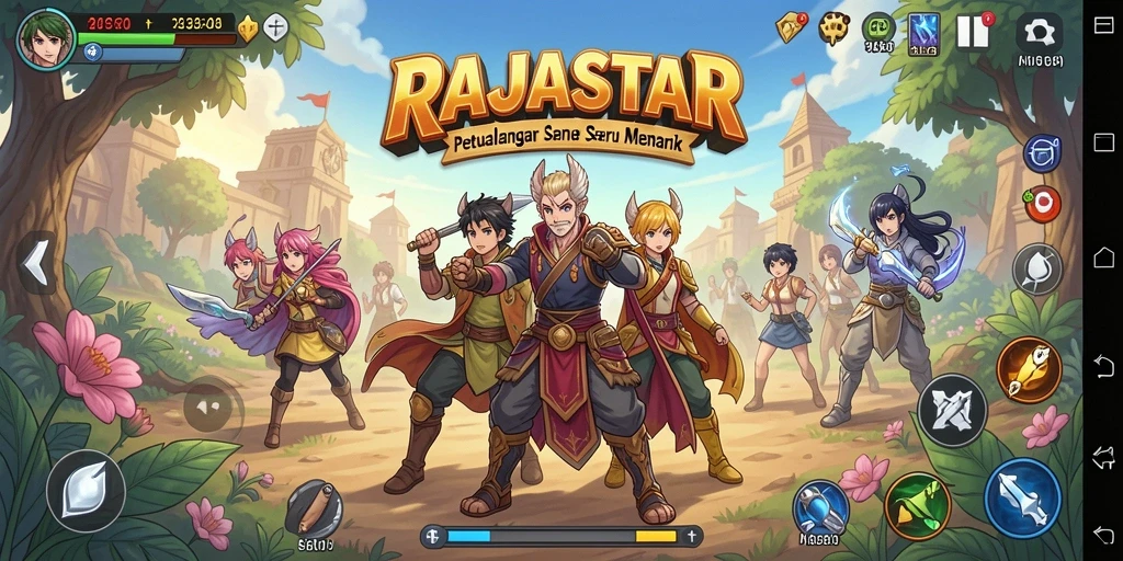 Tampilan gameplay RAJASTAR dengan karakter Anime yang beraksi.
