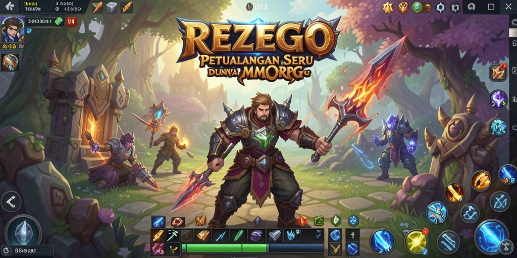 Screenshot gameplay REZEGO menunjukkan pertempuran epik dan eksplorasi dunia fantastis.