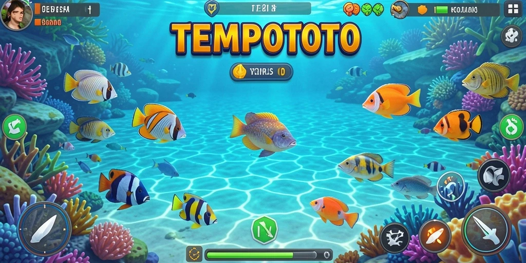 Screenshot TEMPOTOTO menunjukkan aksi menembak ikan yang seru dan penuh warna.